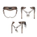 Three views of the Strap-On-Me Desirous leatherette harness in bronze with adjustable straps and metal ring detailing.