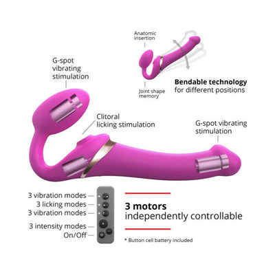 Pink bendable strap-on with three motors for G-spot and clitoral stimulation, featuring remote control and joint shape memory.