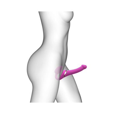 Side view illustration of a nude figure wearing a large, bendable fuchsia strap-on with ergonomic design.