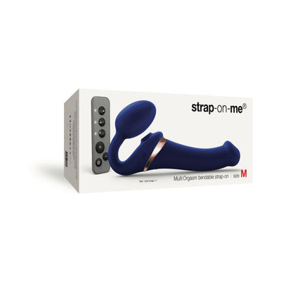 Strap-on-me Multi Orgasm bendable strap-on in medium size with remote control, shown in deep blue color on packaging.