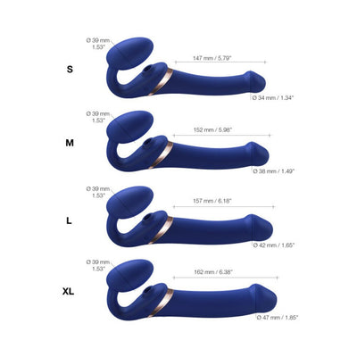 Blue Strap-on-me Multi Orgasm bendable strap-ons in four sizes with detailed length and diameter measurements.