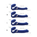 Blue Strap-on-me Multi Orgasm bendable strap-ons in four sizes with detailed length and diameter measurements.
