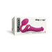 Packaging box showing the Strap-on-me Multi Orgasm bendable strap-on in small size with remote control in vibrant fuchsia color.