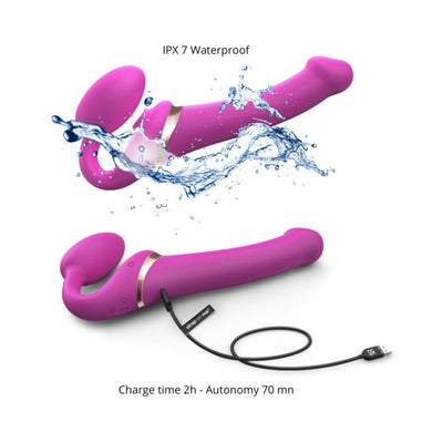 Small purple bendable strap-on with USB charging cable, shown waterproof with water splash effect.
