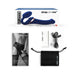 Strap-on-me Multi Orgasm bendable strap-on in blue with remote, starter guide, USB charging cable, and black storage pouch.