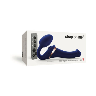 Packaging box of Strap-on-me Multi Orgasm bendable strap-on in small size with remote control shown on white background.