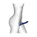 Side view of a white mannequin wearing a bendable midnight blue strap-on designed for targeted internal and external stimulation.
