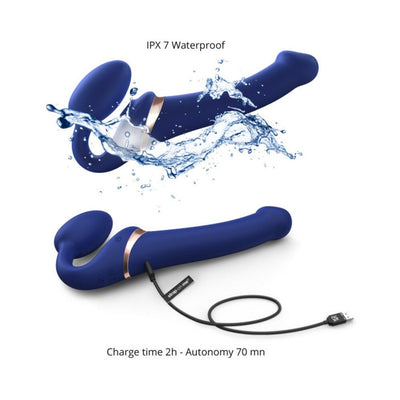 Blue bendable strap-on with ergonomic design shown with water splash and USB charging cable, highlighting waterproof and rechargeable features.
