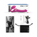 Strap-on-me Multi Orgasm bendable strap-on in fuchsia with remote, USB charger, starter guide, and black storage pouch.