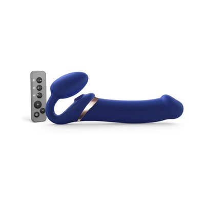 Blue bendable strap-on with remote control, featuring multiple motors for enhanced stimulation and ergonomic design.