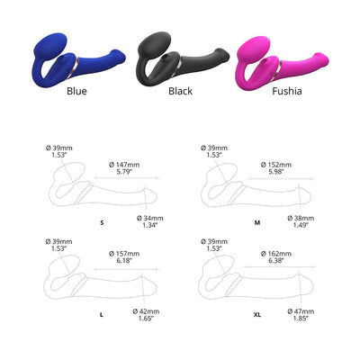 Three bendable strap-on models in blue, black, and fuchsia with size diagrams for small, medium, large, and XL options.