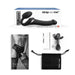 Strap-on-me Multi Orgasm bendable strap-on in black with remote, USB charging cable, starter guide, and storage pouch.