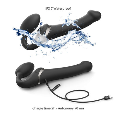 Black bendable strap-on with ergonomic design shown with water splash and USB charging cable, highlighting waterproof feature.