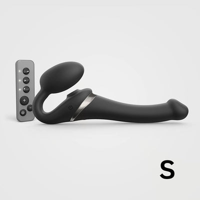Black bendable strap-on with three motors and a remote control, size small, sleek modern design.