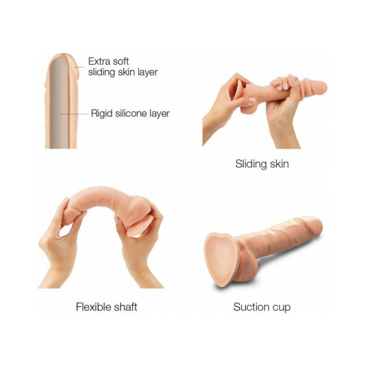 Vanilla-colored realistic dildo with extra soft sliding skin, flexible shaft, and suction cup base shown in multiple views.