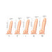 Set of five vanilla-colored realistic dildos in sizes S to XXL with detailed measurements and base stands.
