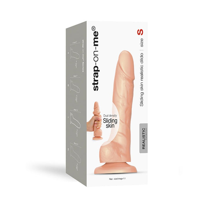Vanilla-colored Strap-on-me S sliding skin realistic dildo with dual density texture shown on product packaging.