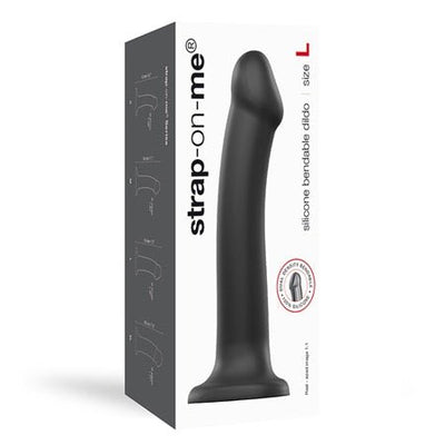 Black large silicone bendable dildo with suction base displayed next to its white and gray packaging box.