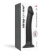 Black large silicone bendable dildo with suction base displayed next to its white and gray packaging box.