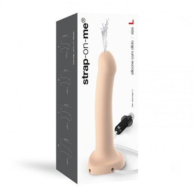 Strap-On-Me silicone cum dildo in flesh tone with flexible tubing and syringe for customizable use, displayed with packaging.