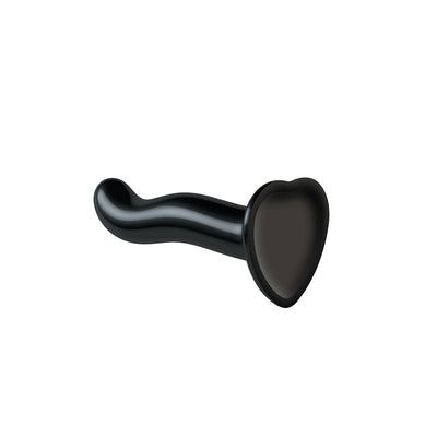 Black silicone dildo with ergonomic curved design and heart-shaped base for harness compatibility and hands-free use.