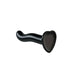 Black silicone dildo with ergonomic curved design and heart-shaped base for harness compatibility and hands-free use.