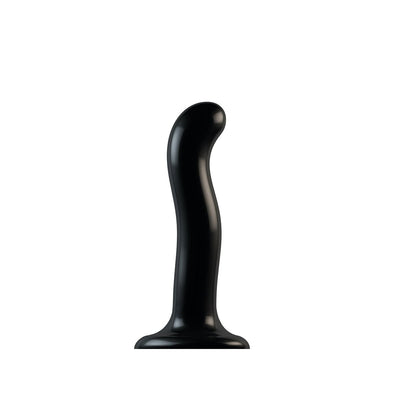 Black silicone dildo with ergonomic curved design and suction cup base for versatile stimulation and hands-free use.