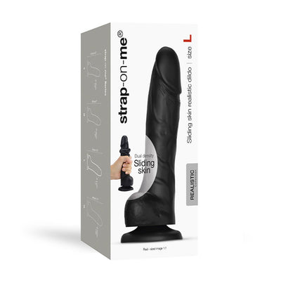 Packaging of Strap-on-me Sliding Skin Realistic Dual-density Dildo in large size with product image and features.