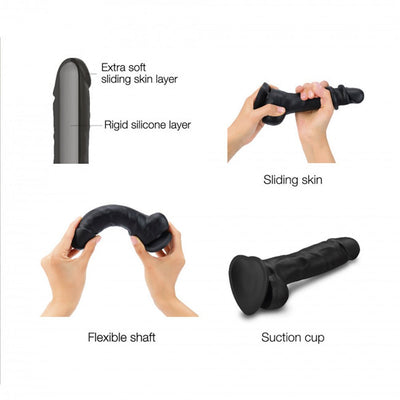 Black dual-density dildo with extra soft sliding skin, flexible shaft, and suction cup base shown in hands and close-up layers.