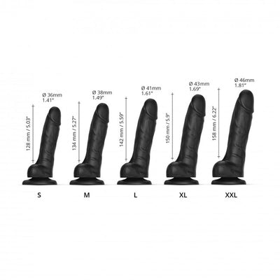 Set of five black realistic dual-density dildos in sizes S to XXL with measurements in millimeters and inches.