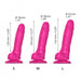 Three pink realistic dildos in small, medium, and large sizes with measurements in millimeters and inches displayed.