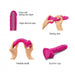 Fuchsia dual-density dildo with extra soft sliding skin, rigid silicone core, flexible shaft, and suction cup base shown in use and close-up.