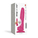 Packaging box of Strap-on-me Sliding Skin realistic dual-density dildo in fuchsia, size M, showing product image and features.