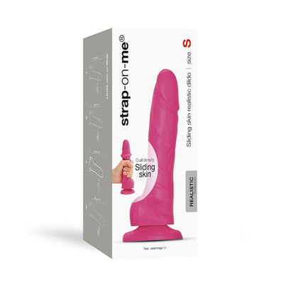 Packaging box of Strap-on-me Sliding Skin realistic dual-density dildo in fuchsia, size small, showing product image and features.