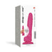 Packaging box of Strap-on-me Sliding Skin realistic dual-density dildo in fuchsia, size small, showing product image and features.
