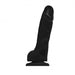 Black XL soft realistic dildo with defined glans, textured veins, firm testicles, and suction cup base.
