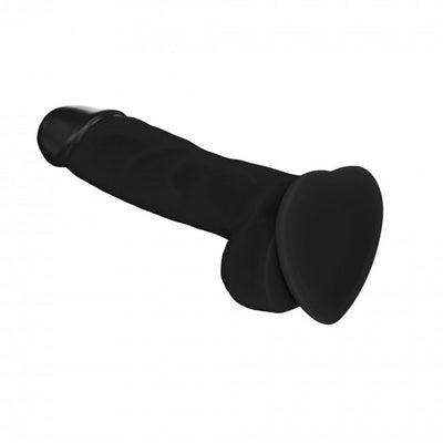Black XL soft silicone realistic dildo with defined glans, textured shaft, firm testicles, and suction cup base.