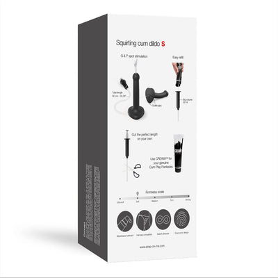 Packaging box showing features and instructions for Strap-on-me Squirting Cum Semi-realistic Silicone Dildo Black size S with refill syringe and tube details.