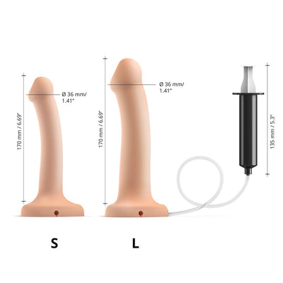 Two vanilla-colored semi-realistic silicone dildos in small and large sizes with measurements and a connected black syringe.