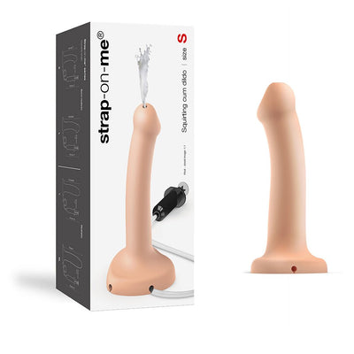 Semi-realistic vanilla silicone dildo with squirting feature and packaging box, size small.