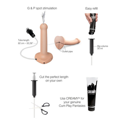 Diagram showing features of a vanilla semi-realistic silicone squirting dildo with syringe, refill process, adjustable tube length, and recommended lubricant.