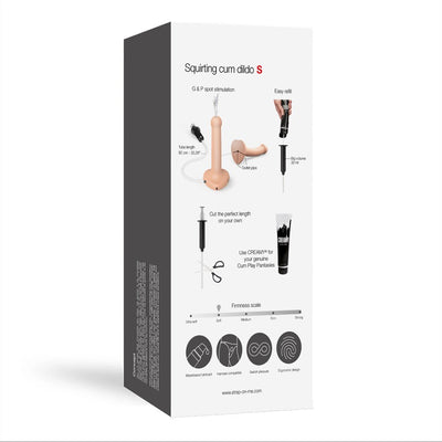 Packaging of Strap-on-me Squirting Cum Semi-realistic Silicone Dildo Vanilla S showing product features and usage instructions.