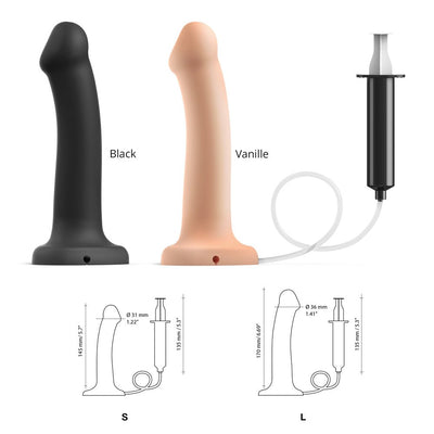 Two semi-realistic silicone strap-on dildos in black and vanilla with attached syringe for squirting, shown with size diagrams.