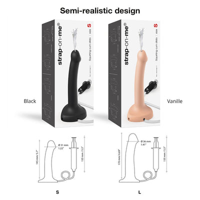 Packaging and size comparison of Strap-on-me squirting cum dildo in black and vanilla colors with syringe dimensions and semi-realistic design details.