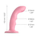 Pink curved silicone dildo with suction base, showing length and diameter measurements in millimeters and inches.
