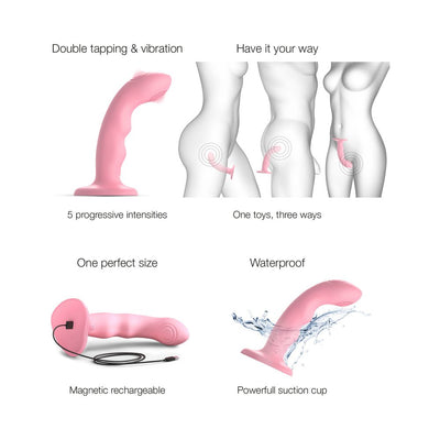Pink curved tapping dildo with magnetic charger, suction cup base, shown for vaginal, anal, and clitoral use, waterproof with 5 intensity settings.