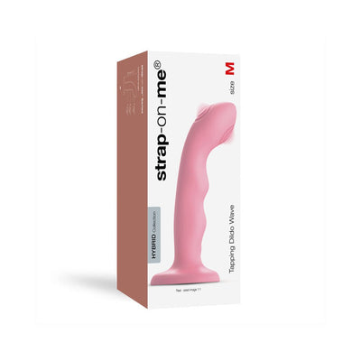 Packaging box of the pink Strap-on-me Tapping Dildo Wave with curved design and tapping feature, size medium.