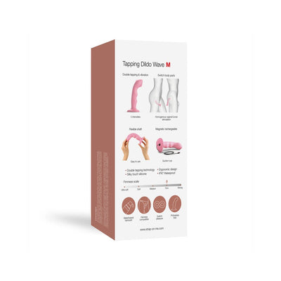 Packaging box of Strap-on-me Tapping Dildo Wave showing product features, flexible shaft, suction cup, and usage illustrations.
