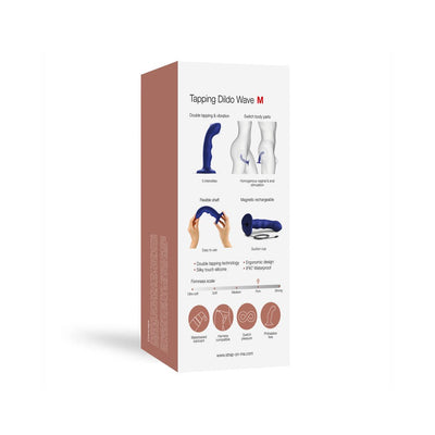 Packaging box for Strap-on-me Tapping Dildo Wave showing product features, usage illustrations, and specifications.
