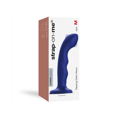 Packaging box of Strap-on-me Tapping Dildo Wave in blue with ergonomic curved design and suction base.